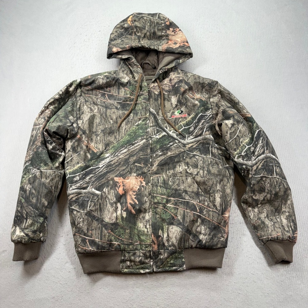 Mossy Oak Hooded Jacket Mens Medium Brown Camo Quilted Lined Full Zip 2276
